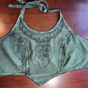 Tie back Halter crop Top Embroidered Pointed Hemline Boho Festival One size